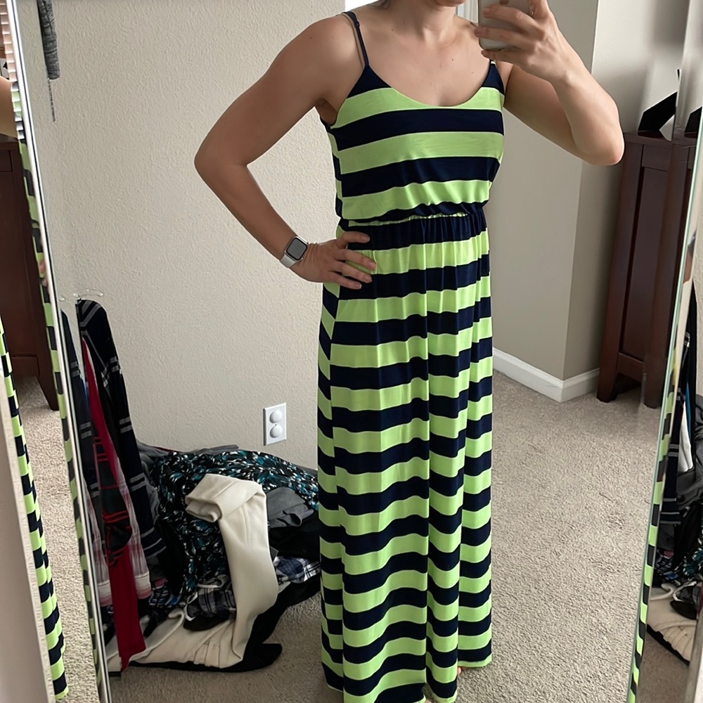 Blue and Neon Green Stripped, Pinkblush Maternity Dress, size small